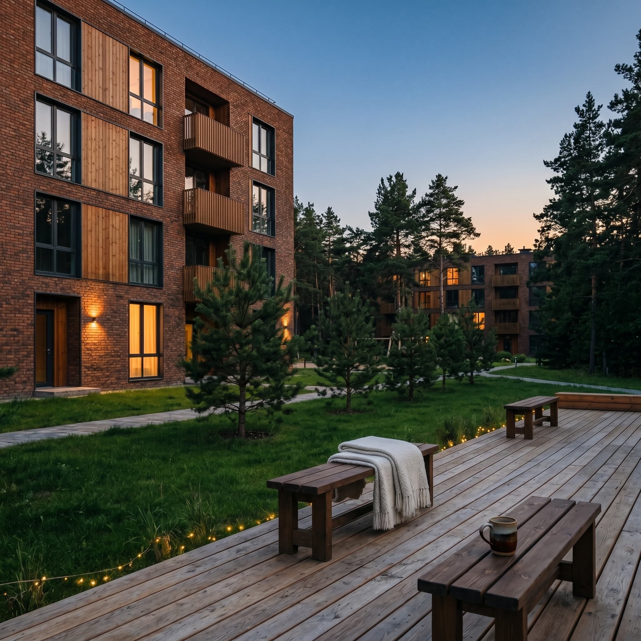 Двор Lumina Park вечером, тёплый свет в окнах